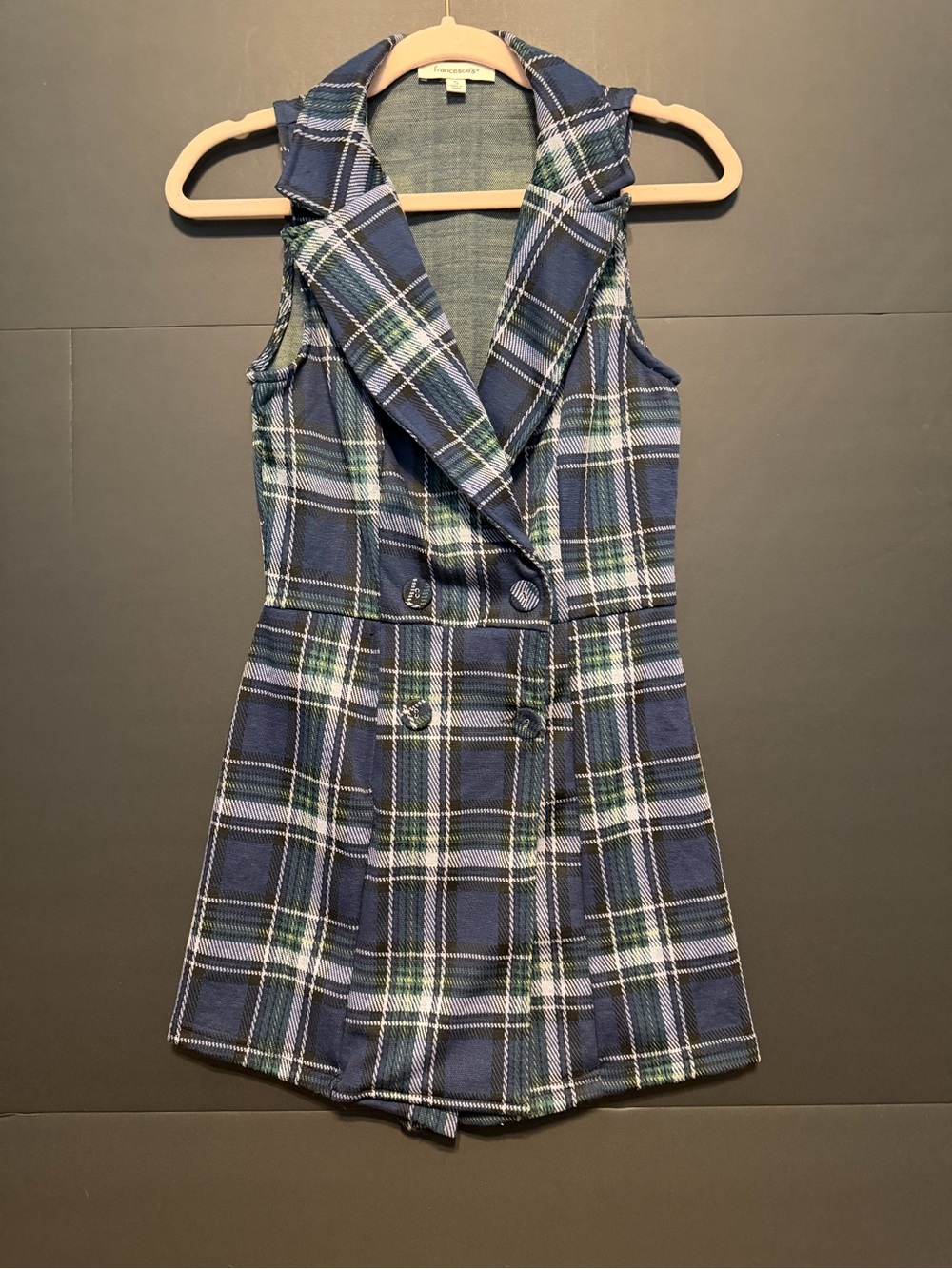 Francesca's Navy and Green Plaid Double-Breasted Vest Romper